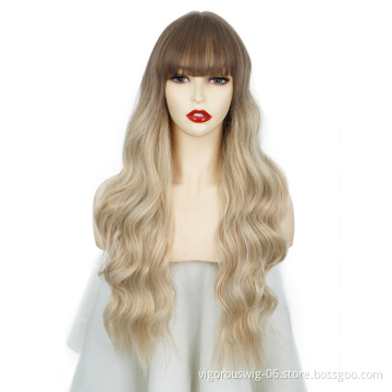 Vigorous Blonde Brown Ombre Wigs with Bangs Natural Wave Long Curly Two Tone Synthetic Hair for Black Women Cosplay Party